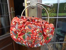 Red Satin Beaded & Pearl Evening Bag, Brass Circle Handle & Optional Chain, NWOT