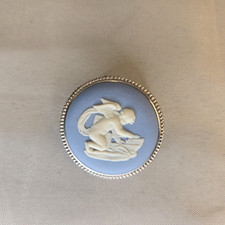 Vintage Wedgwood Jasperware Brooch – Blue Cameo Cherub Angel Silver plated