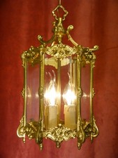 ANTIQUE BRASS LANTERN SOLID CEILING 3 LAMPs FIXTURES CHANDELIER CUT LEAD GLASSØ9