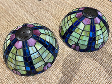 Pair of stained glass Tiffany style ceiling light uplighter lamps and shades
