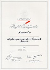 1985 Signed Crew British Airways Concorde Flight Certificate - London-New York