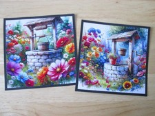 Set of 2  x FLORAL GARDEN WATER WELLS  Hand Made Card Toppers For Cardmaking