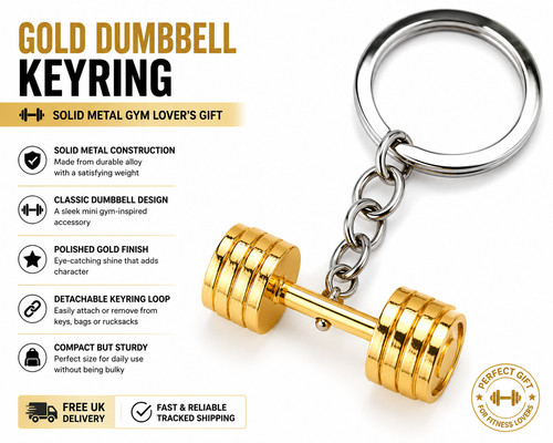 Gold dumbbell keyring solid - gold,