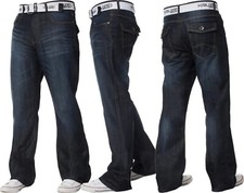 Kruze Mens Bootcut Jeans Wide Leg Flare Denim Belted Trouser Pants UK Waist Size