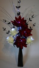 Artificial Silk Flower Arrangement Red White Flowers With Lights in Black Vase