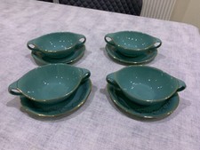 Old Foley Vintage 1950s Soup Dishes & Saucers X 4 Duck Egg Shade with gold trim