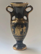 Handmade Greek black vase 19cm 24k gold D. Vassilopoulos ceramic