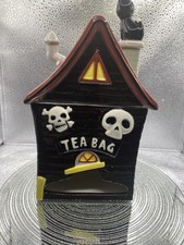 HALLOWEEN TEA CADDY CERAMIC VINTAGE BLACK CAT ROOF TEA BAGS DISPENSER FRONT NEW
