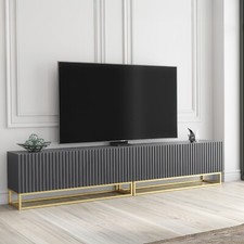 TV Unit I 200cm Wide Cabinet I Grey Fluted Doors I Gold Base I Modern Style