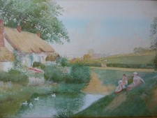 Family by The Duck Pond. Robert H. Walker Original Antique WC  English Landscape
