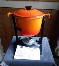 Le Creuset,Fondue & Stand Enzo Mari. Vintage Volcanic Orange Enameled Cast Iron.