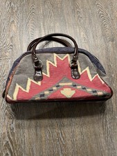 Vintage Canvas Southwestern Indian Pottery Leather Trim Satchel Bag Aztec Navajo