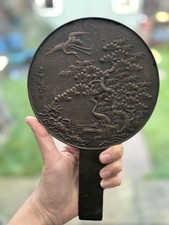 Rare Antique Japanese Bronze Mirror – Cranes Pine Bamboo – Meiji Metalwork 