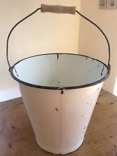 Vintage c1920 White Enamel Metal Bucket Pale Wooden Handle Plants Florist Garden
