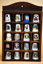 Thimbles Wooden Display Rack Collection Box Set of 20 Porcelain Ceramic Vintage