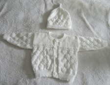 Hand knitted light weight cardigan and hat set in white newborn baby boy