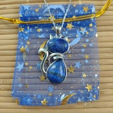 Beautiful Blue Lapis Lazuli Crystal Cat Kitten Pendant Necklace Pisces Libra