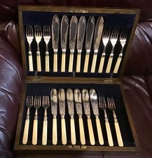 Electroplated EPNS *12 settings Fish Knives & Forks Cream Handles Boxed GCond.