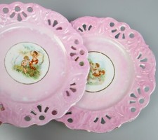 Pink Antique Pierced Plates x 2. Reticulated 19THC Porcelain. Dessert / Cake. 9"