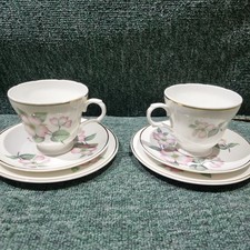 2 x Mayfair Pottery Floral Bone China Teacup Saucer & Side Plate Trios Retro 70s