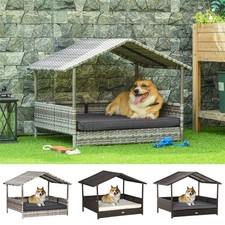 Wicker Dog House, Rattan Pet Bed with Soft Cushion, Canopy, Cat House