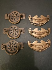 Six Antique Original Drawer Cabinet Handles Pulls Brass Bronze