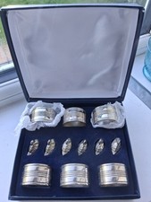  boxed set of 6 silver plated menu / name Holders cute swans &6 napkin rings vgc