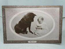 Curious Baby with Equally Curious German Shepherd Dog Puppy Antique Postcard