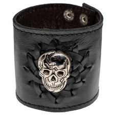 Skull Real Leather Wristband cuff bracelet wrist Protector Biker Viking Gothic