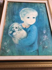 Vintage Framed Puppy Love Print On Board 1960s Louis Shabner Kitsch Tretchikoff
