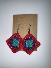 Handmade Crochet Granny Square Drop Earrings Multicoloured