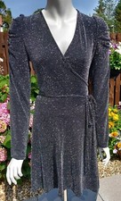 Lipsy London Black Silver Glitter Mock Wrap Dress Size 12 BNWT