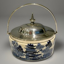 Victorian Willow Pattern Lidded Butter Dish. Silver plated lid and handle. 