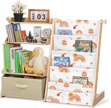 Kids Bookshelf with Toy Storage Box,Wooden Childrens Bookcase with 4 Sling & 3 