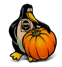 HTF Rare Vtg COMPO GARDEN Penguin Promotional Halloween I Love Badge Pin P1987