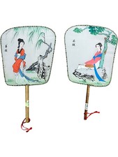Vintage Chinese Hand Fans Silk Painted Bamboo Handle Traditional Art