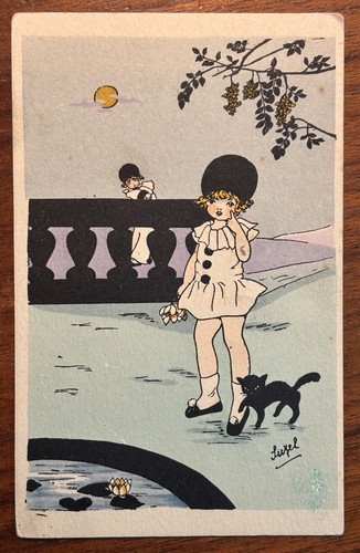 Antique black cat postcard - black,