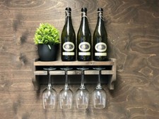 Wine Shelf Bottle & 4 Glass Holder Wall Display Rustic Wooden Home Bar (WS)EM