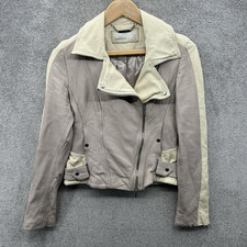 Karen Millen Leather Jacket Womens Size UK 12 Purple Cream Motorcycle Biker