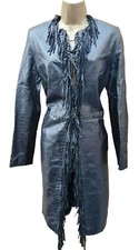 Vintage Karen Millen 10 UK Black Western Fringe Leather Long Mac Jacket Coat