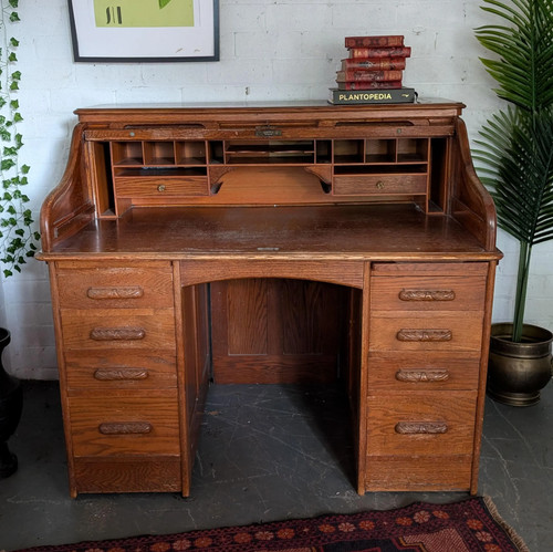 Antique oak roll top desk - oak,