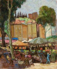 CARLOS REYMOND (1884-1970) SIGNED FRENCH OIL ON BOARD - FLOWER MARKET - NICE