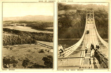 1930s postcard Bi-view painting the Menai Bridge Caernarvonshire