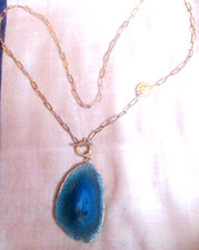 Blue Agate Geode Slice Pendant on Chain (2936)