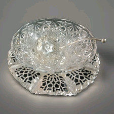 Vintage 1950s Pressed Glass Jam Chutney Sauce Serving Bowl Dish Scalloped Spoon