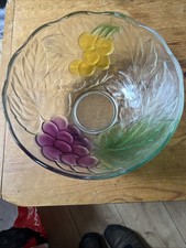 Large  Grapes And Leaves Clear Glass Punch Bowl