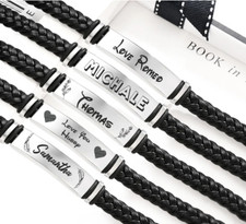 Engraved Personalised Men Leather Bracelet ID Birthday Wedding fathers day gift