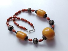 Middle Eastern Amber Style Resin Bead White Metal Tribal Style Necklace Enamel