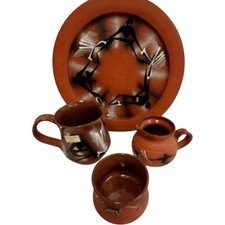 Vintage Terracotta Pottery Jug Bowl Plate Set Decorative Handmade Painted