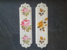 Vintage Porcelain Ceramic Door Finger Push Plates Rose Plants 11" x 3"